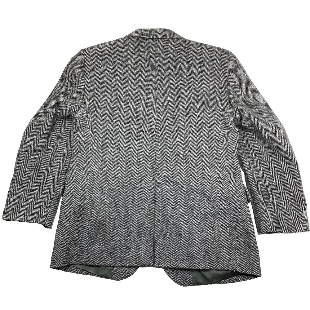 Barrington Vtg Tweed Wool Sport Coat Herringbone Gray Black 40 42 Men Preppy 70s